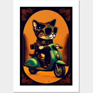 Funny cute cat drive motorcycle graphic design artwork Posters and Art